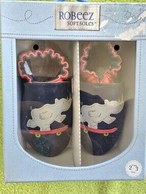 NWT NIB 2-3 yrs Baby BOYS SOFT SOLES Skater Rhino Navy ROBEEZ LEATHER SHOES (Q2)